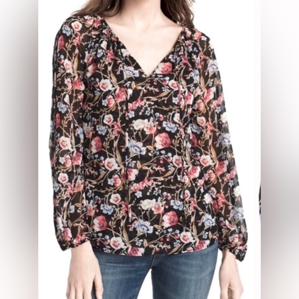 White House Black Market Floral Sheer Blouse Size 4 | Romantic Boho Tie Neck Top